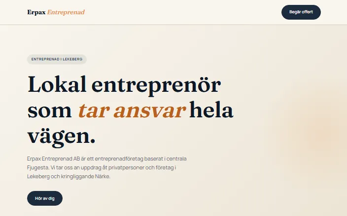 Skärmdump av Erpax Entreprenad ABs hemsida