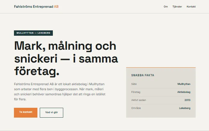 Skärmdump av Fahlströms Entreprenad ABs hemsida