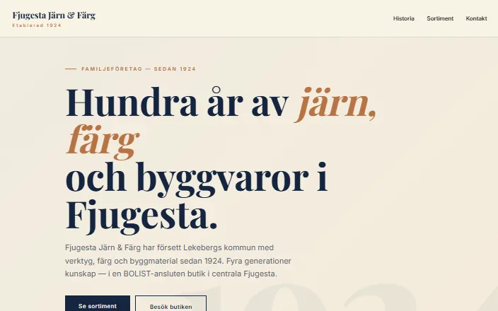 Skärmdump av Fjugesta Järn & Färgs hemsida