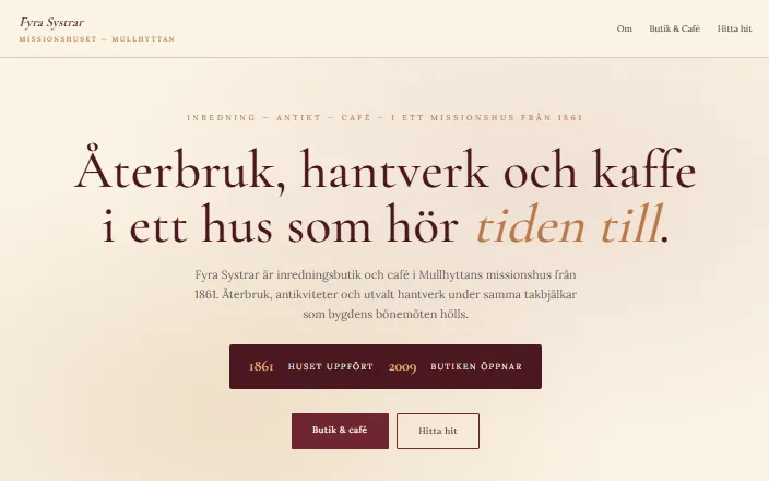 Skärmdump av Fyra Systrar Missionshusets hemsida