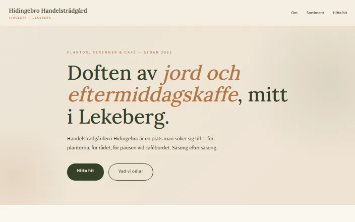 Skärmdump av Hidingebro Handelsträdgårds hemsida