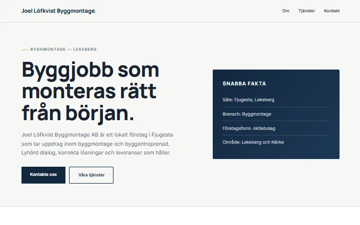 Skärmdump av Joel Löfkvist Byggmontage ABs hemsida