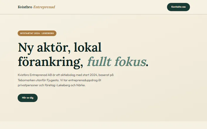 Skärmdump av Kvistbro Entreprenad ABs hemsida