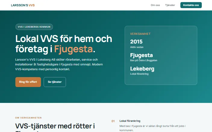 Skärmdump av Larsson's VVS i Lekebergs hemsida