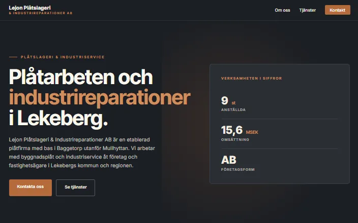 Skärmdump av Lejon Plåtslageri & Industrireparationers hemsida