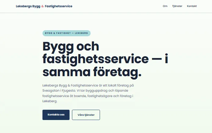 Skärmdump av Lekebergs Bygg & Fastighetsservices hemsida
