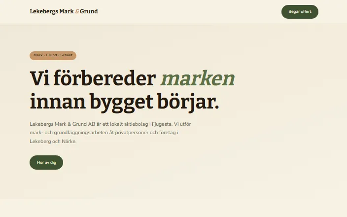 Skärmdump av Lekebergs Mark & Grund ABs hemsida