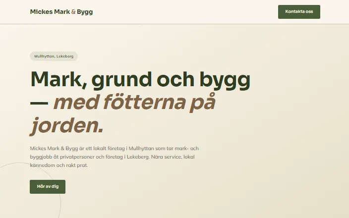 Skärmdump av Mickes Mark & Byggs hemsida