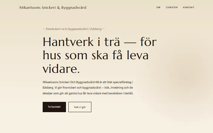 Skärmdump av Mikaelssons Snickeri Och Byggnadsvård ABs hemsida