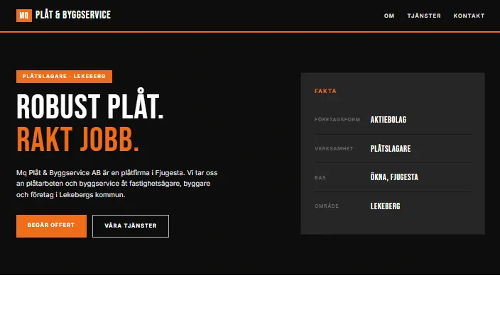 Skärmdump av Mq Plåt & Byggservices hemsida