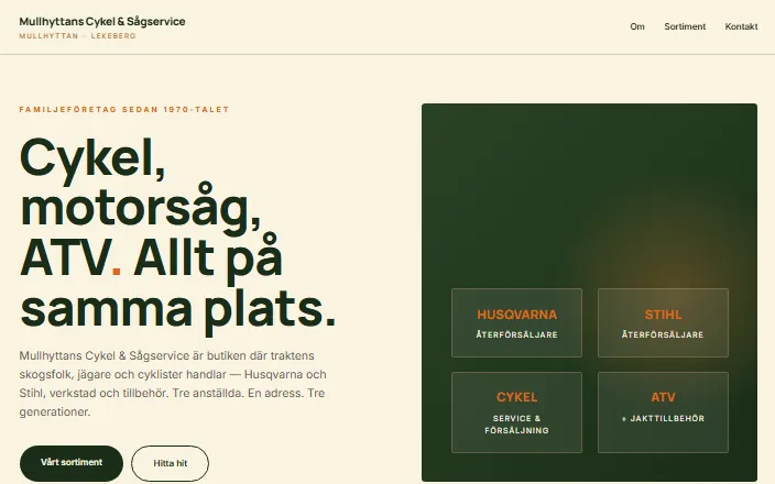 Skärmdump av Mullhyttans Cykel & Sågservices hemsida