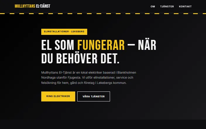 Skärmdump av Mullhyttans El-Tjänsts hemsida