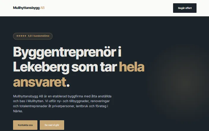 Skärmdump av Mullhyttansbygg ABs hemsida