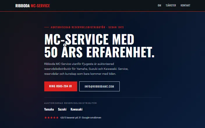 Skärmdump av Ribboda MC-Services hemsida