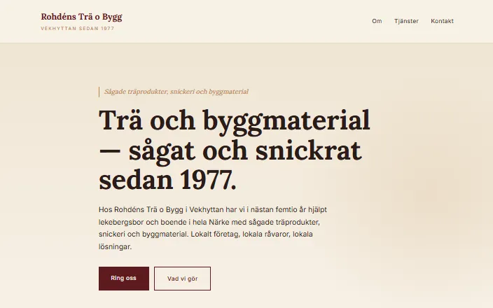 Skärmdump av Rohdéns Trä o Byggs hemsida