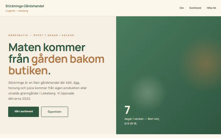 Skärmdump av Stickninge Gårdshandels hemsida