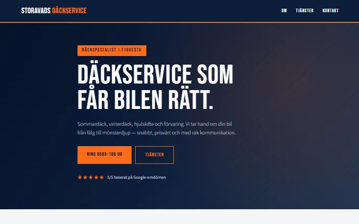Skärmdump av Storavads Däckservices hemsida