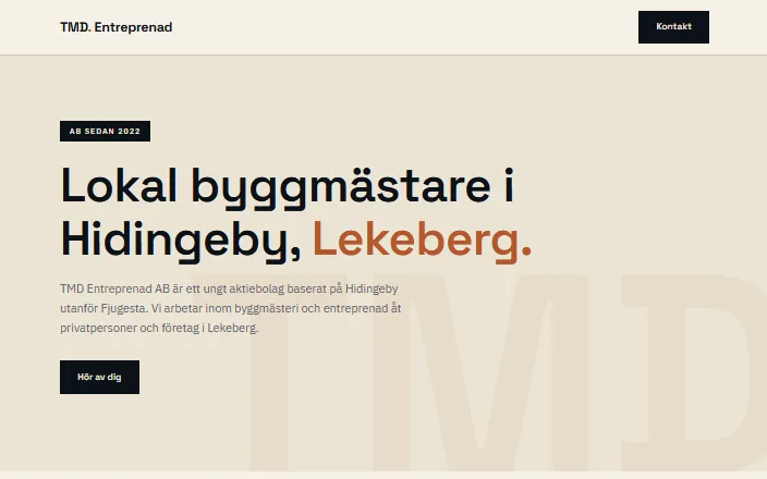 Skärmdump av TMD Entreprenad ABs hemsida