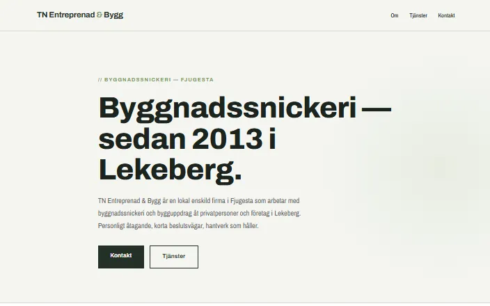 Skärmdump av TN Entreprenad & Byggs hemsida