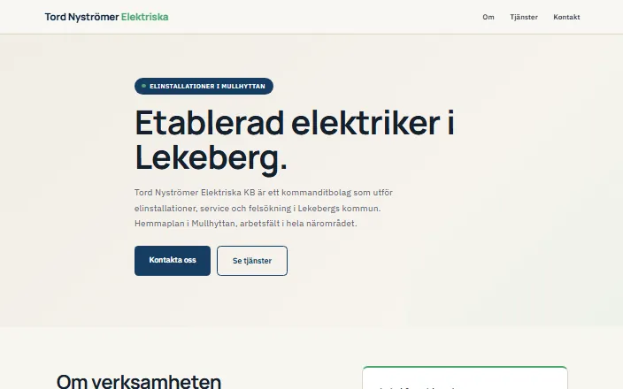 Skärmdump av Tord Nyströmer Elektriska KBs hemsida