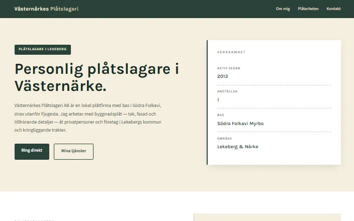 Skärmdump av Västernärkes Plåtslageris hemsida