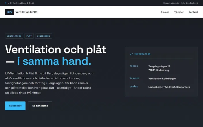Skärmdump av L K-Ventilation & Plåts hemsida