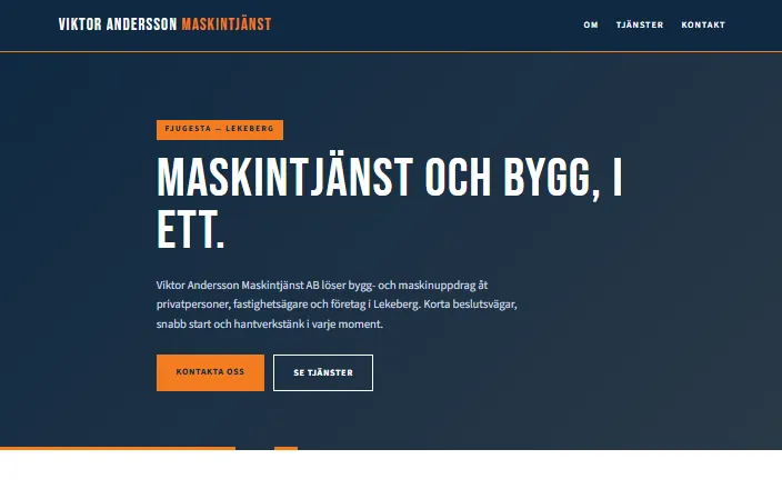 Skärmdump av Viktor Andersson Maskintjänst ABs hemsida