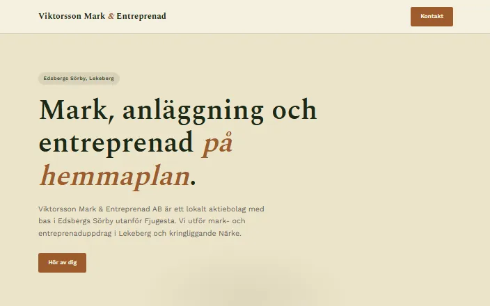 Skärmdump av Viktorsson Mark & Entreprenad ABs hemsida