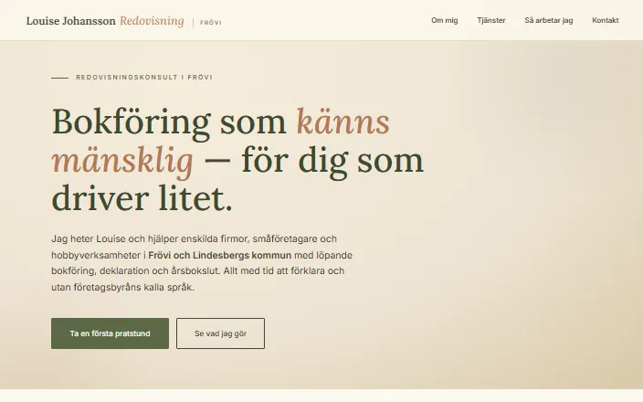 Skärmdump av Louise Johansson Redovisnings hemsida