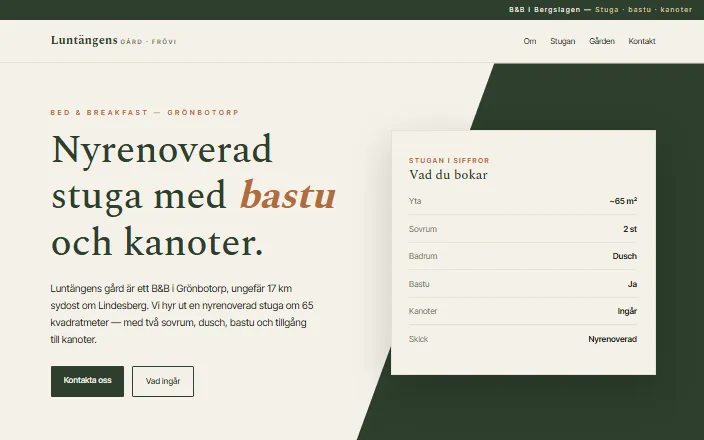 Skärmdump av Luntängens B&Bs hemsida