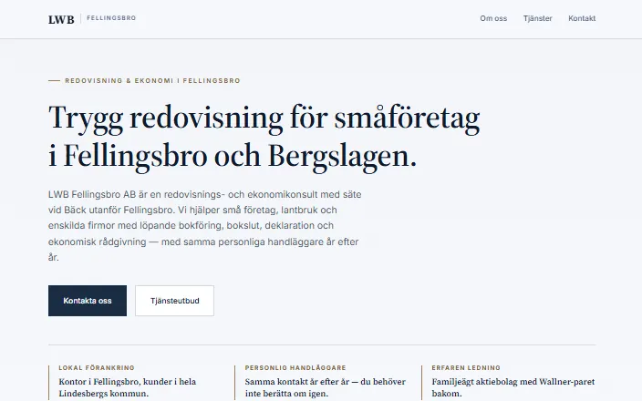 Skärmdump av LWB Fellingsbro ABs hemsida