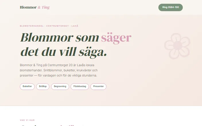 Skärmdump av Blommor & Tings hemsida