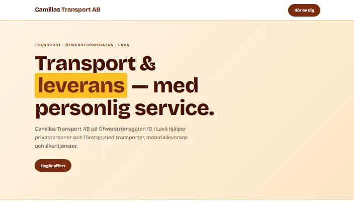 Skärmdump av Camillas Transport ABs hemsida
