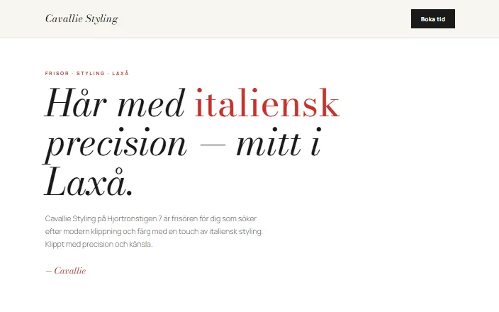 Skärmdump av Cavallie Stylings hemsida
