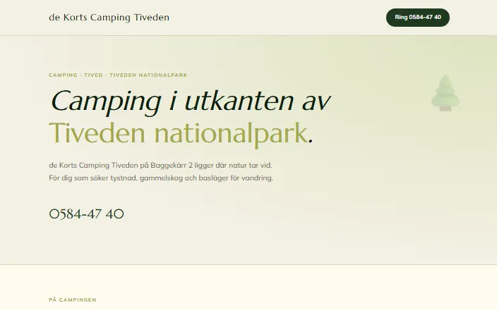 Skärmdump av de Korts Camping Tivedens hemsida