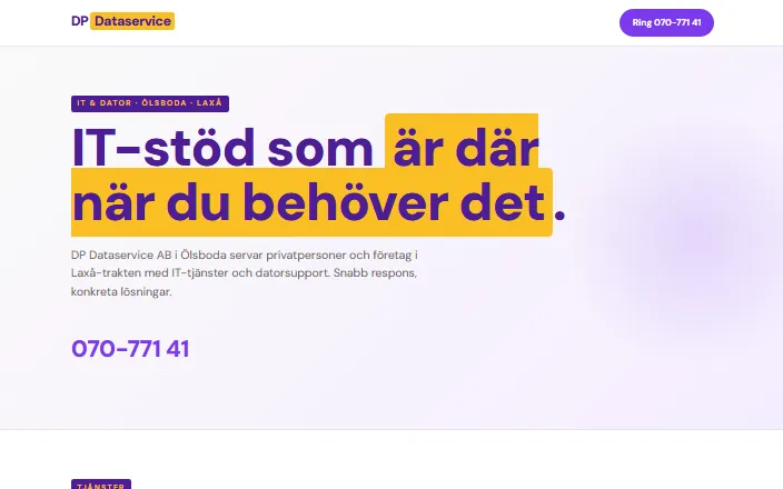 Skärmdump av DP Dataservice ABs hemsida