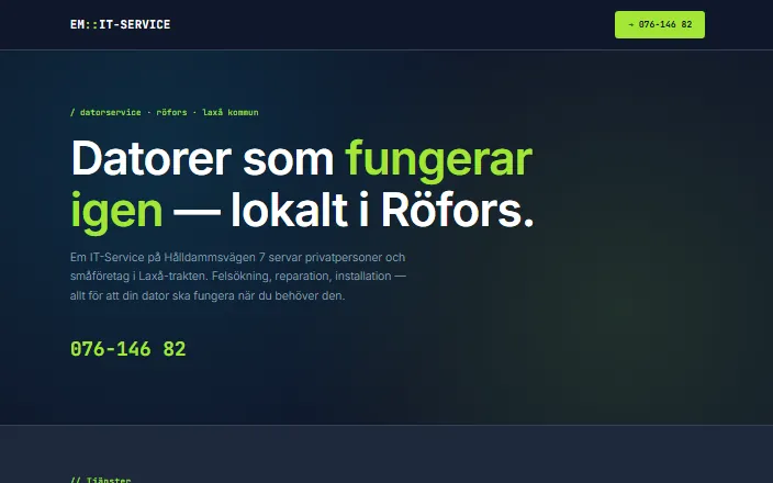 Skärmdump av Em IT-Services hemsida