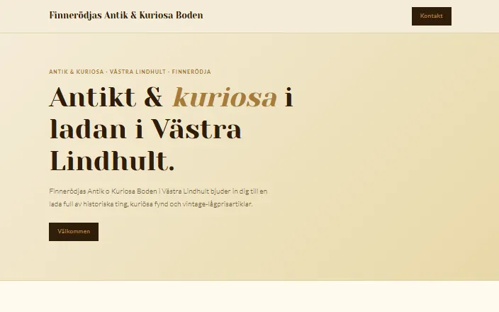 Skärmdump av Finnerödjas Antik & Kuriosa Bodens hemsida