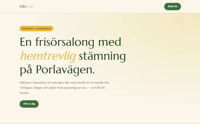 Skärmdump av Hårlyans hemsida