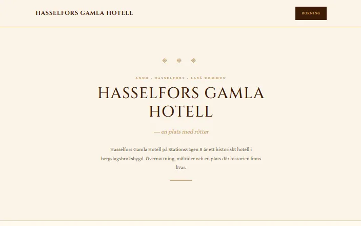 Skärmdump av Hasselfors Gamla Hotells hemsida