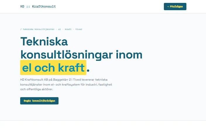 Skärmdump av HD Kraftkonsult ABs hemsida