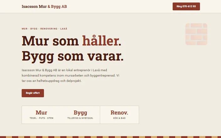 Skärmdump av Isacsson Mur & Bygg ABs hemsida