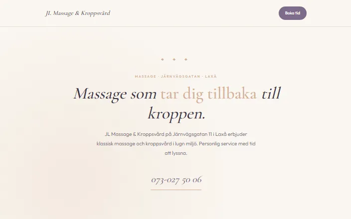 Skärmdump av JL Massage & Kroppsvårds hemsida