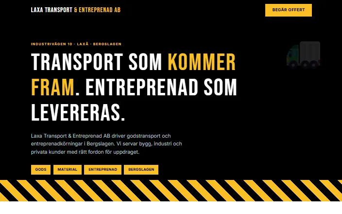 Skärmdump av Laxa Transport & Entreprenad ABs hemsida