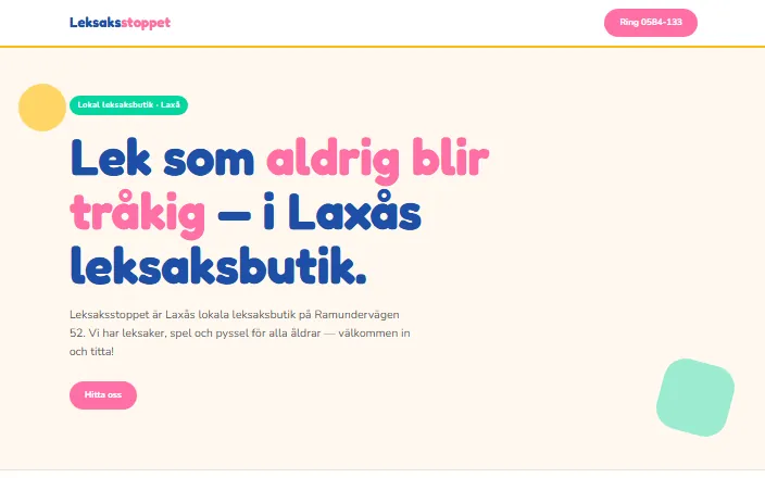 Skärmdump av Leksaksstoppets hemsida