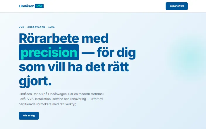 Skärmdump av Lindåsen Rör ABs hemsida