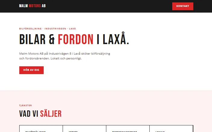 Skärmdump av Malm Motors ABs hemsida