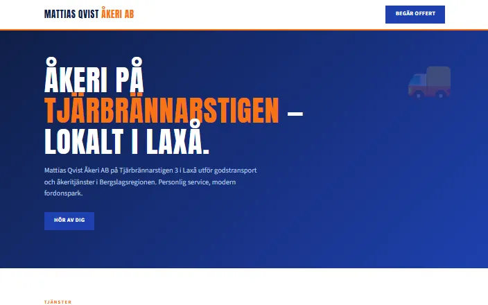 Skärmdump av Mattias Qvist Åkeri ABs hemsida