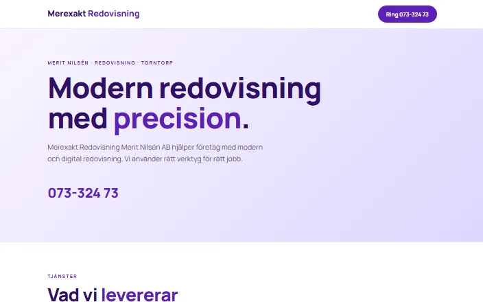 Skärmdump av Merexakt Redovisning Merit Nilsén ABs hemsida