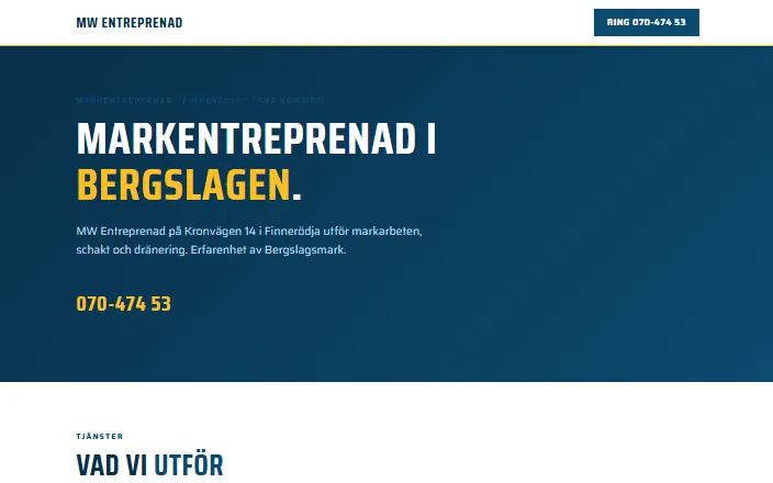 Skärmdump av MW Entreprenads hemsida